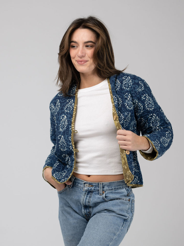 Quilted Cropped Jacket in Navy