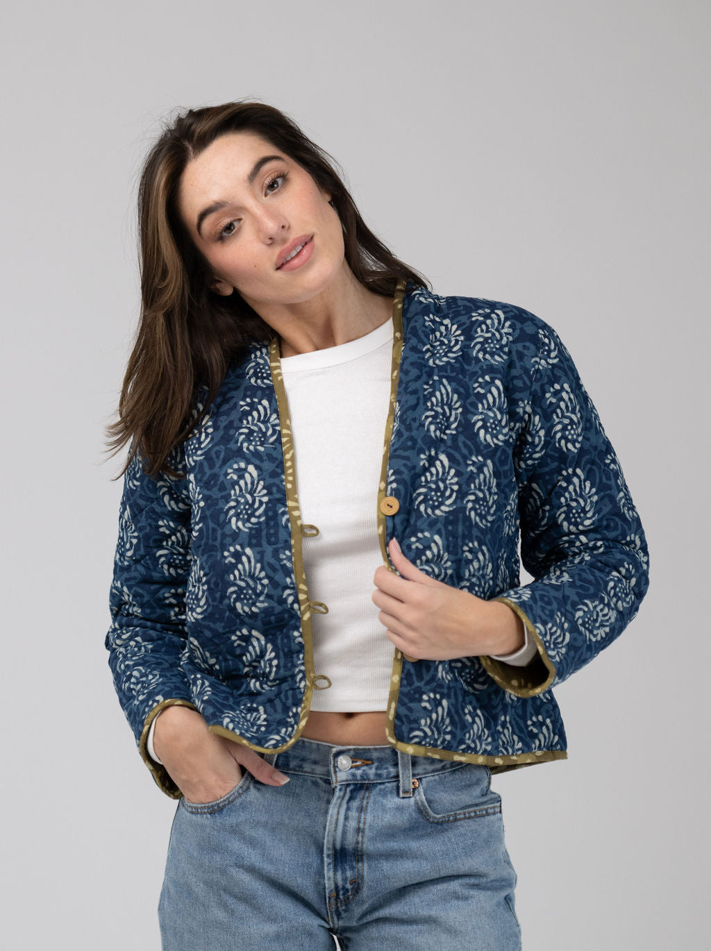 Quilted Cropped Jacket in Navy