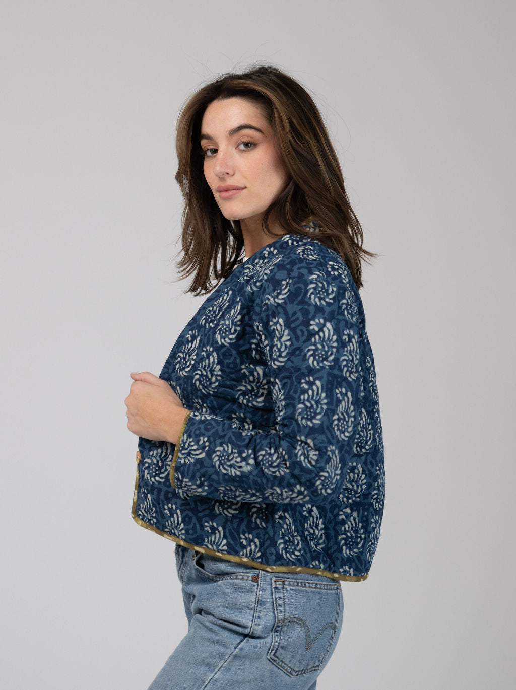 Quilted Cropped Jacket in Navy