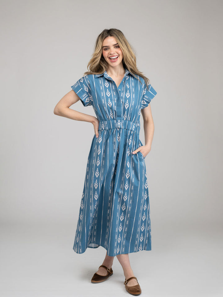 The Lisa Dress | Blue Ikat Stripe