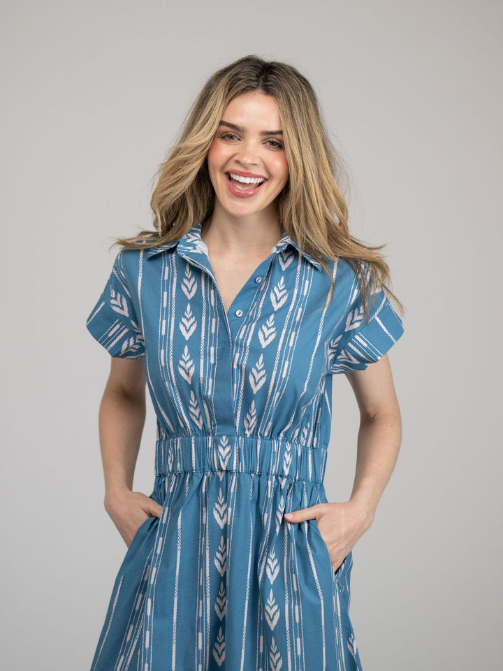 The Lisa Dress | Blue Ikat Stripe