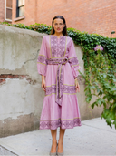 Jewel Neck SUE SARTOR Flounce Dress in Foxglove/Chestnut Embroidery