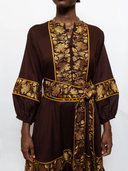 Jewel Neck Flounce Dress in Chocolate/Honey Vintage Lily Embroidery