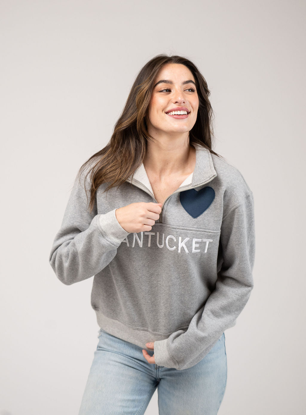 Nantucket Half Zip Sweatshirt in Grey with Navy Hearts