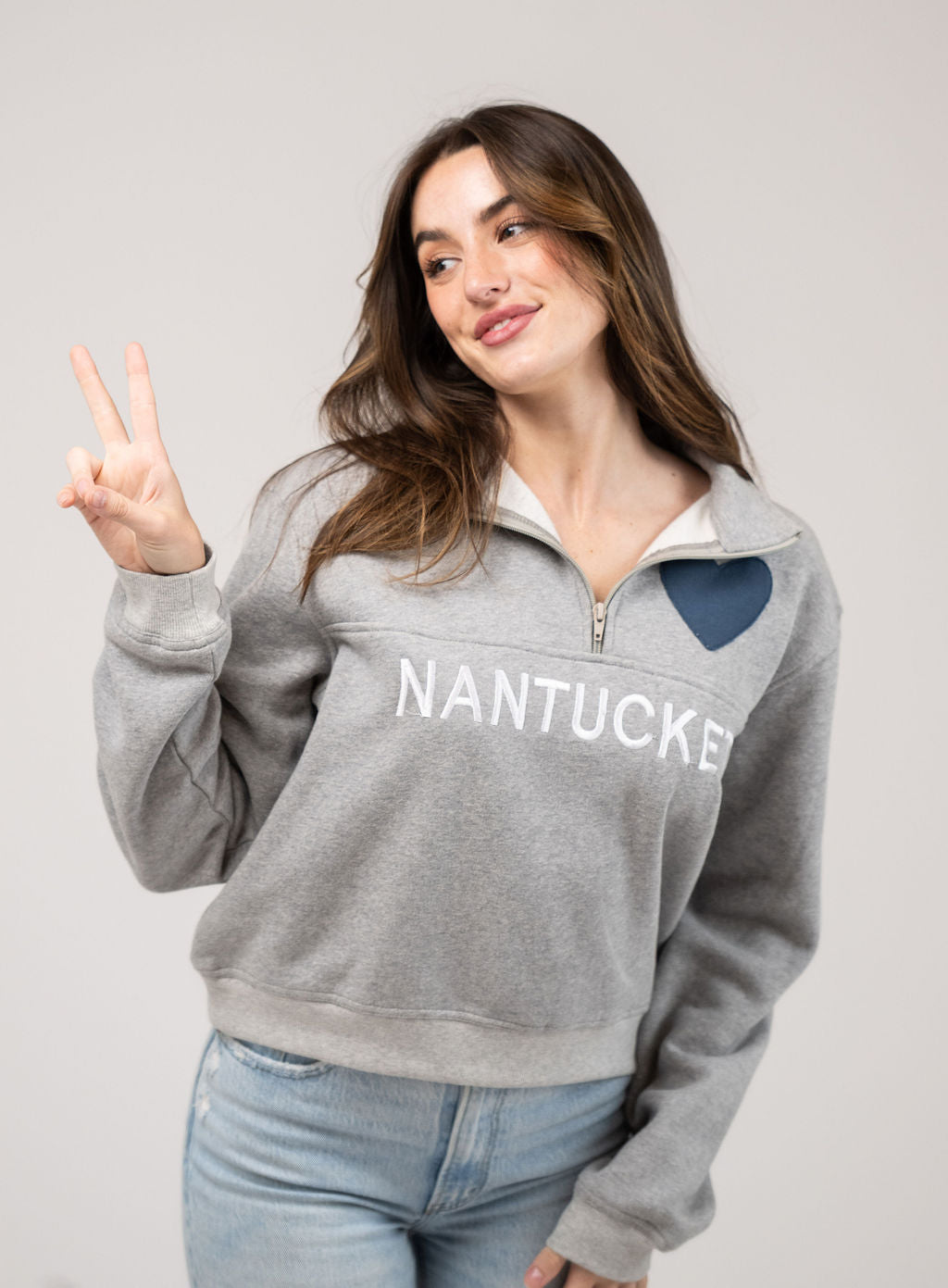 Nantucket Half Zip Sweatshirt in Grey with Navy Hearts