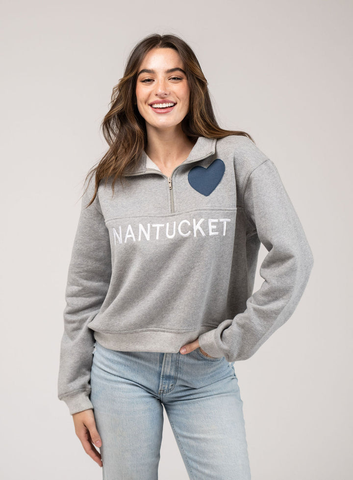 Nantucket Half Zip Sweatshirt in Grey with Navy Hearts