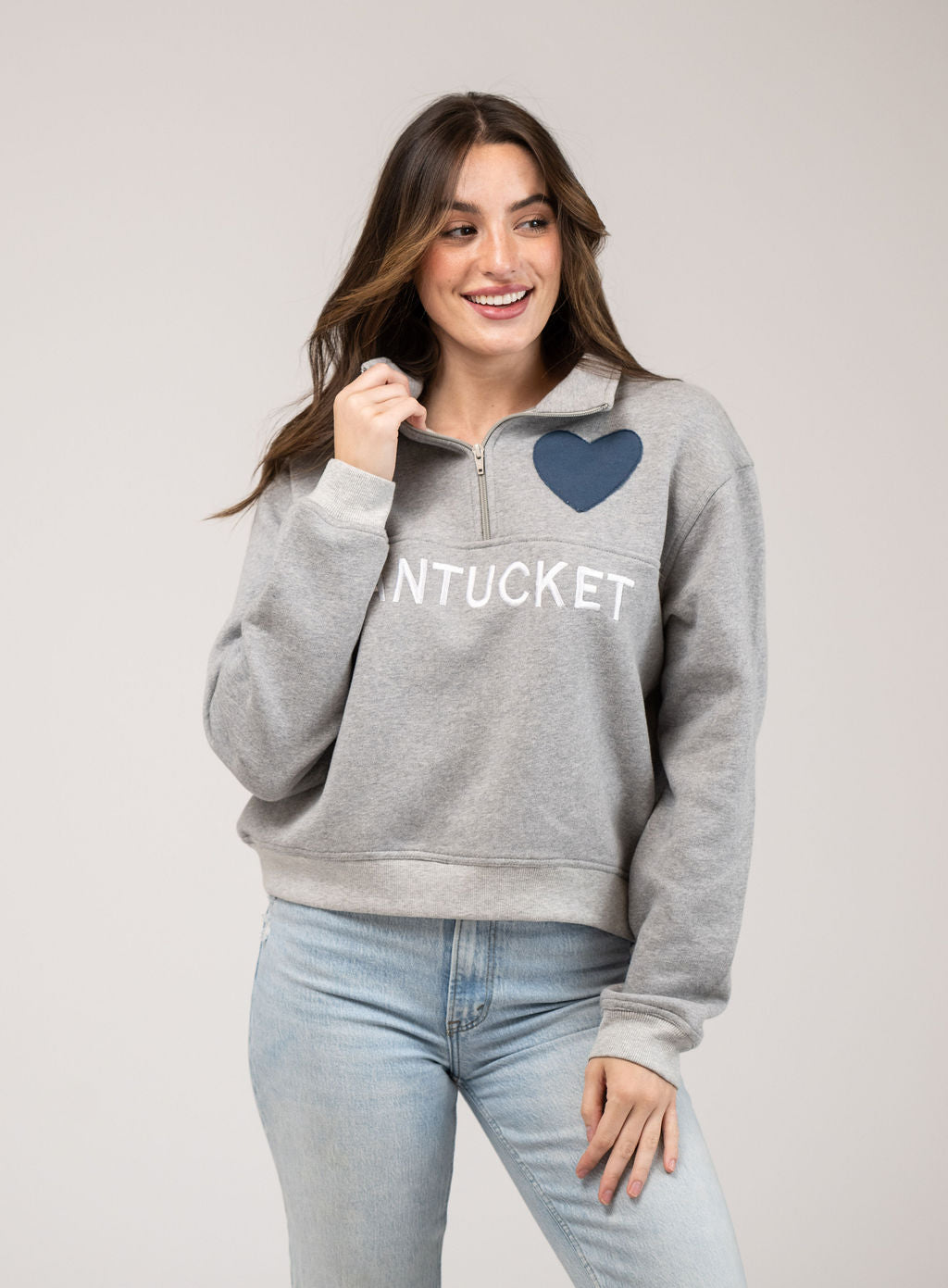 Nantucket Half Zip Sweatshirt in Grey with Navy Hearts
