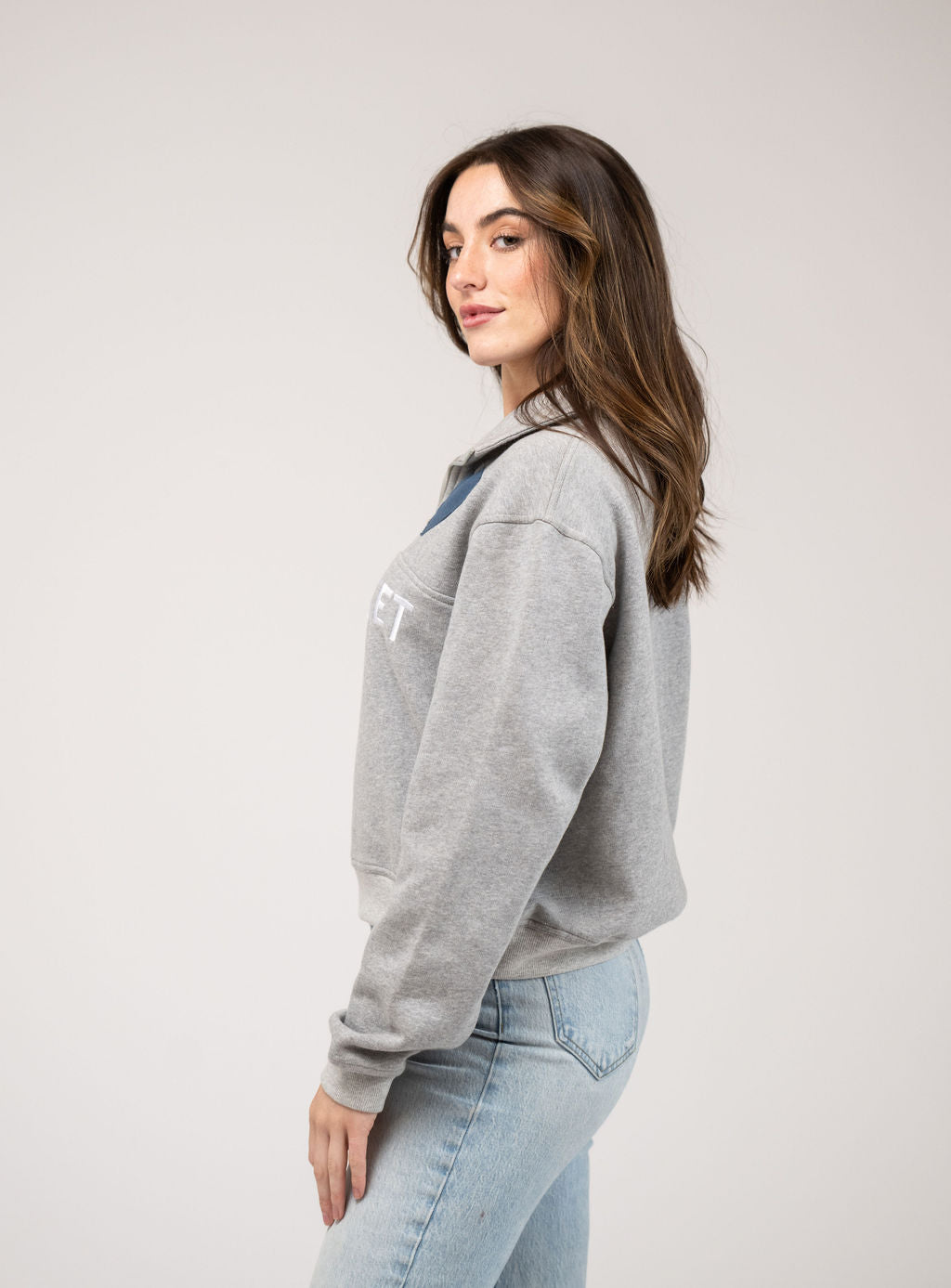 Nantucket Half Zip Sweatshirt in Grey with Navy Hearts