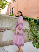 Jewel Neck SUE SARTOR Flounce Dress in Foxglove/Chestnut Embroidery