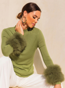 Samara Removable Fur Cuff Wool Sweater in Khaki Green