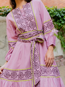 Jewel Neck SUE SARTOR Flounce Dress in Foxglove/Chestnut Embroidery