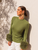 Samara Removable Fur Cuff Wool Sweater in Khaki Green