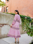 Jewel Neck SUE SARTOR Flounce Dress in Foxglove/Chestnut Embroidery