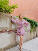 Jewel Neck SUE SARTOR Flounce Mini Dress in Foxglove/Chestnut Embroidery