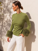Samara Removable Fur Cuff Wool Sweater in Khaki Green