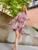 Jewel Neck SUE SARTOR Flounce Mini Dress in Foxglove/Chestnut Embroidery
