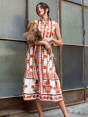 Sleeveless SUE SARTOR Flounce Dress in Terracotta Marigold