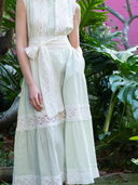 Sleeveless SUE SARTOR Flounce | Sage Seersucker Lattice Crochet Lace
