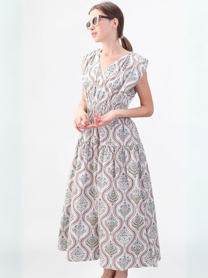 The Eva Dress in White & Brown Botanical