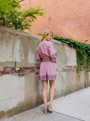 Jewel Neck SUE SARTOR Flounce Mini Dress in Foxglove/Chestnut Embroidery