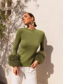 Samara Removable Fur Cuff Wool Sweater in Khaki Green