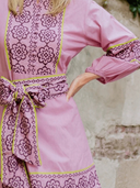 Jewel Neck SUE SARTOR Flounce Mini Dress in Foxglove/Chestnut Embroidery