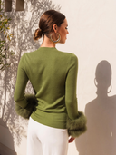 Samara Removable Fur Cuff Wool Sweater in Khaki Green