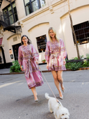 Jewel Neck SUE SARTOR Flounce Mini Dress in Foxglove/Chestnut Embroidery