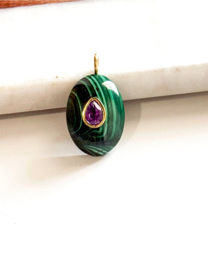 Handcarved Malachite/Bezel Amethyst Inlay Pendant Charm