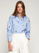 Blue Shirt with Embroidered Flowers