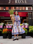 SUE SARTOR Flounce Dress in Mulberry/Navy Dahlia