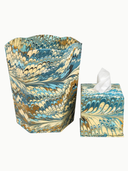 Hand-Marbled Scallop Waste Bin in Nila Feathers