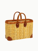 Handwoven Small Rattan Bag with Brown Leather Trim