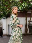 SUE SARTOR Flounce Dress in Olive Marigold
