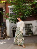 SUE SARTOR Flounce Smocked Waist Skirt in Olive Marigold