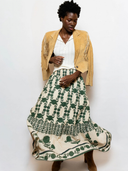 SUE SARTOR Flounce Smocked Waist Skirt in Olive Marigold