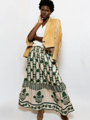 SUE SARTOR Flounce Smocked Waist Skirt in Olive Marigold