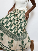SUE SARTOR Flounce Smocked Waist Skirt in Olive Marigold