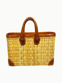 Handwoven Small Rattan Bag with Brown Leather Trim
