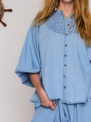Chambray Smocked Blouse in Ice Blue