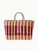 Striped Open Weave Rattan Tote in Burgundy