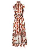 Sleeveless SUE SARTOR Flounce Dress in Terracotta Marigold