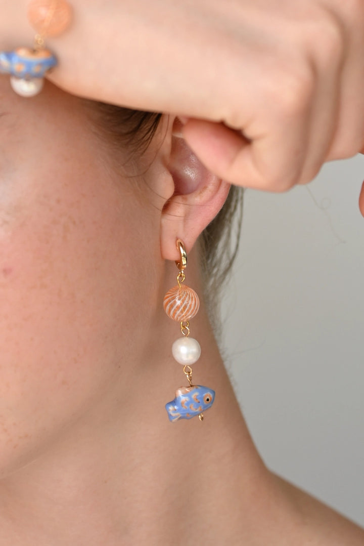 Lana Hand Blown Glass and Freshwater Pearl Fish Earrings
