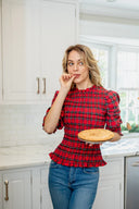 Red Tartan Puff Sleeve Smocked Top