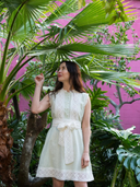Sleeveless SUE SARTOR Flounce Mini | Sage Seersucker Lattice Crochet Lace