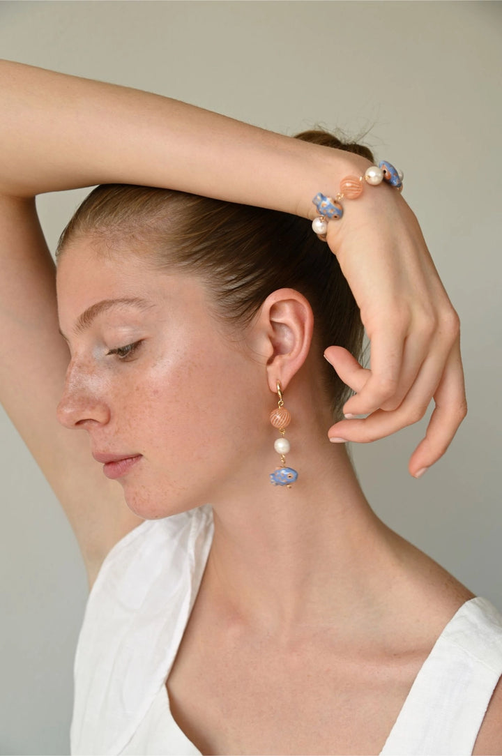 Lana Hand Blown Glass and Freshwater Pearl Fish Earrings