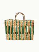 Striped Open Weave Rattan Medium Tote in Green