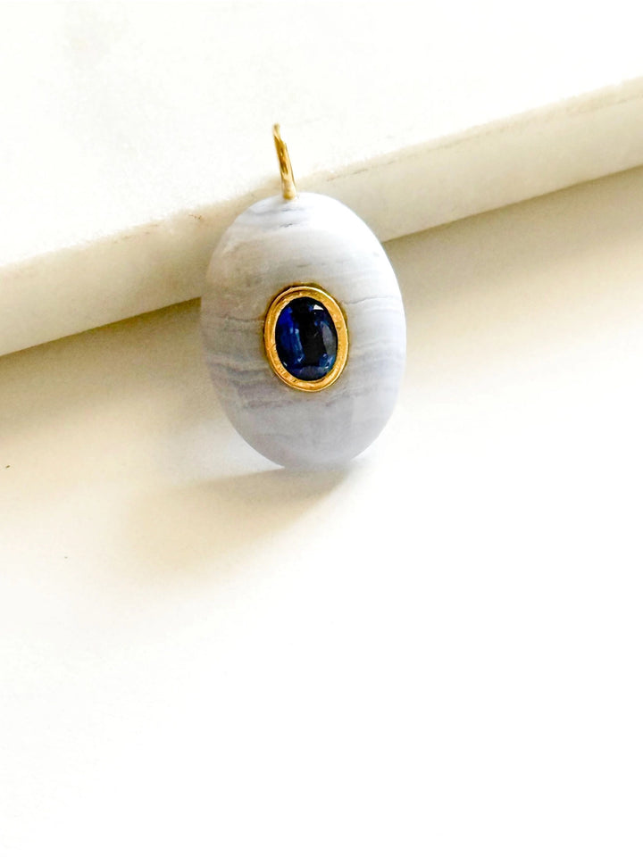 Handcarved Blue Lace Agate/Bezel Kyanite Inlay Pendant
