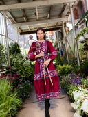 Jewel Neck Flounce Dress in Burgundy/Foxglove Embroidery