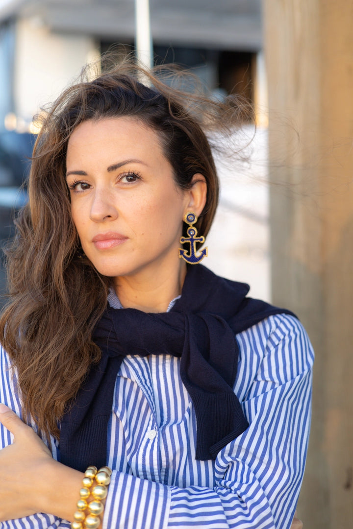 Yacht Anchor Earrings in Navy Blue